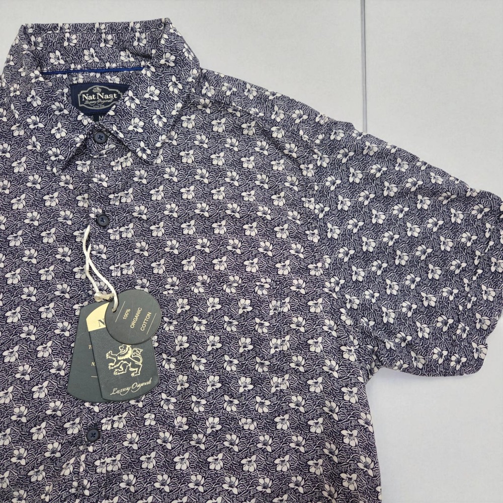 Nat Nast Blue & White Button Up Floral Camp Silk Short Sleeve Shirt Men's M